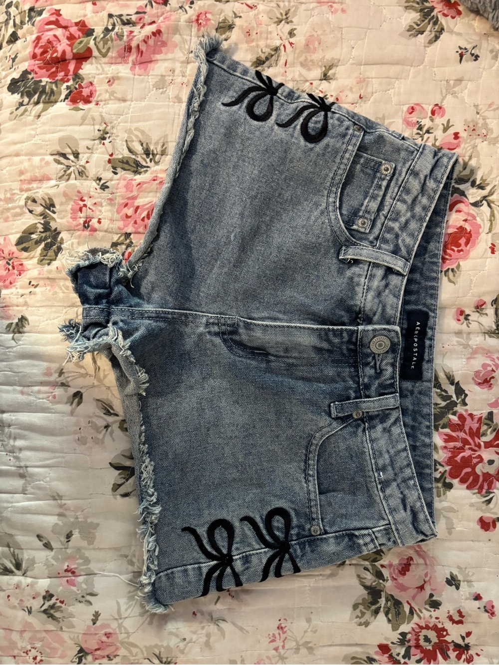Aeropostale Light Blue Denim Shorts with Black Bow Embroidery